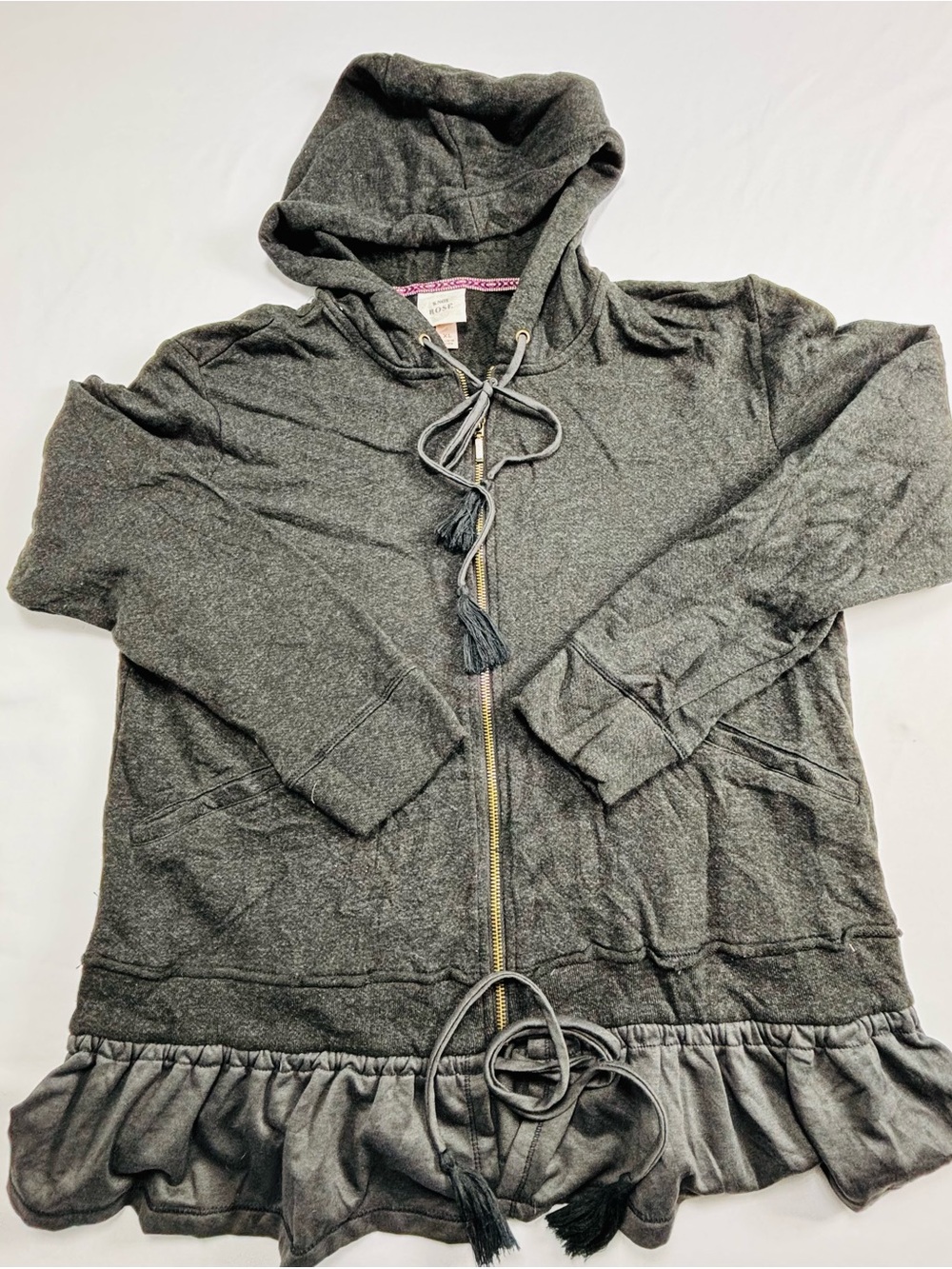 Girls' Dark Gray Hooded Zip Jacket with Ruffle Hem W640